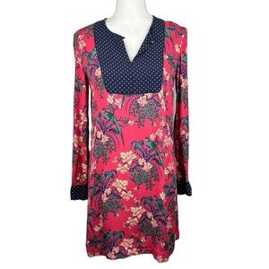 Maeve Floral Bird Print Boho Hot Pink Long Sleeve V-Neck Midi Dress Size 2